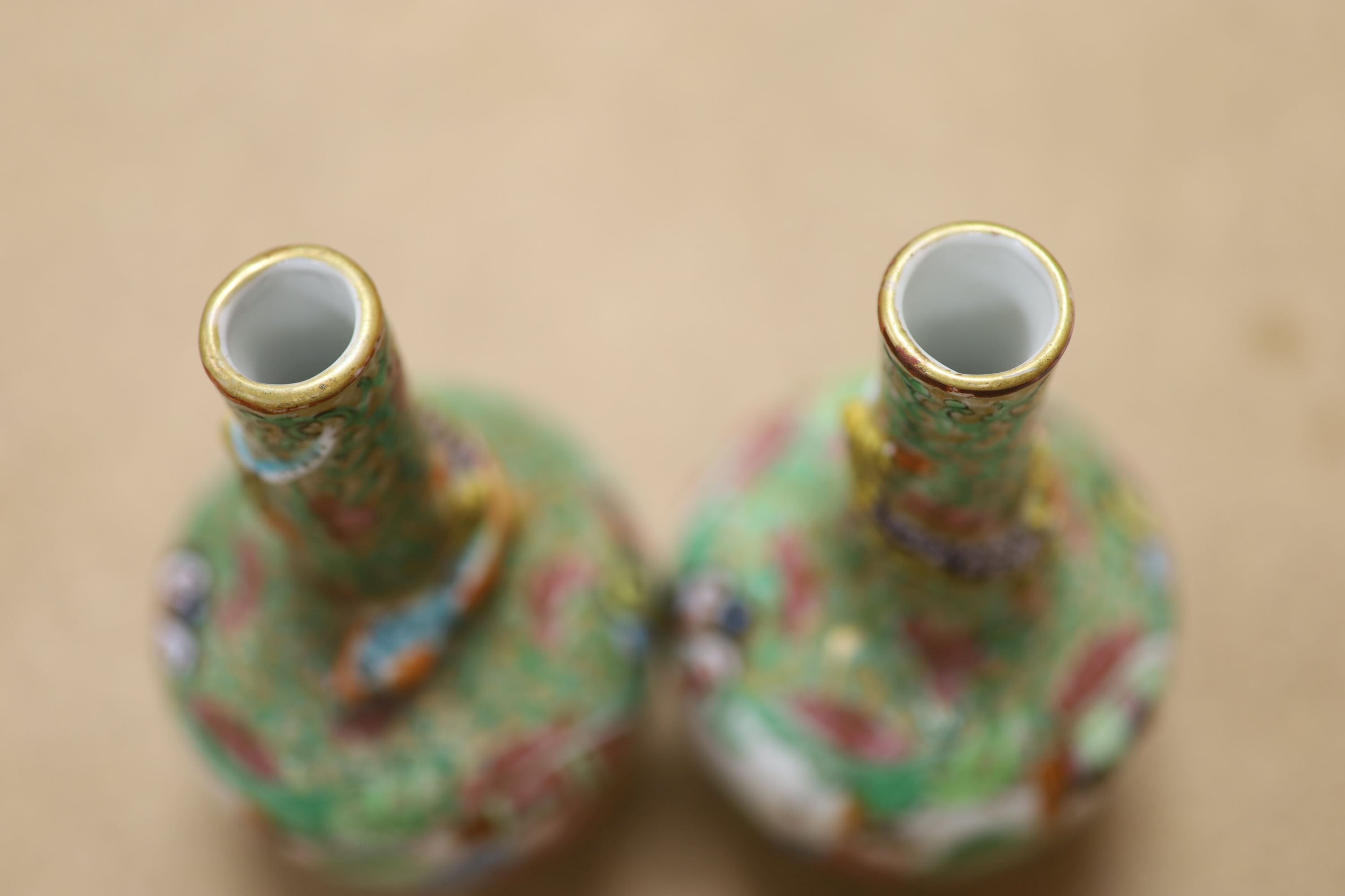 A pair of 19th century Canton bottle vases, height 14cm